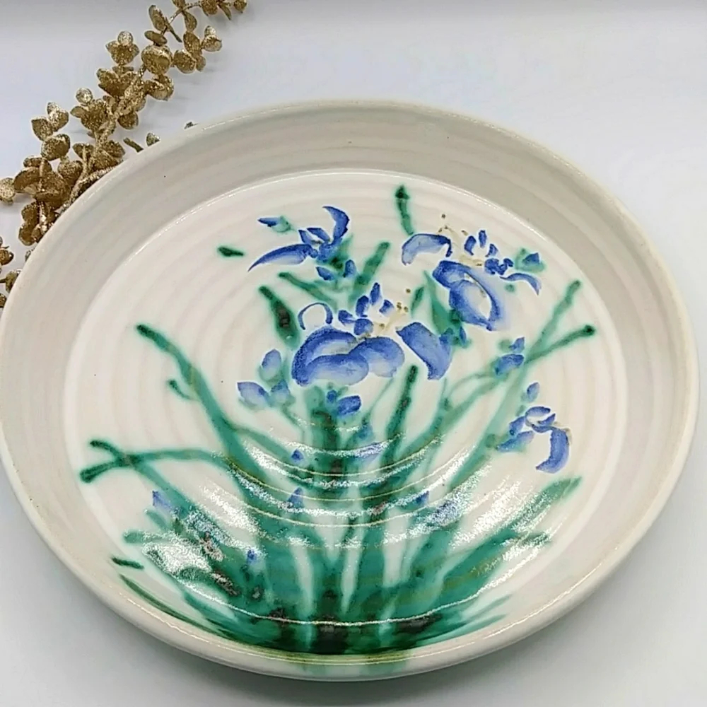 Ruthann Maze 14” Round Platter. Features her Purple Iris Design. Pottery. - Picture 11 of 11